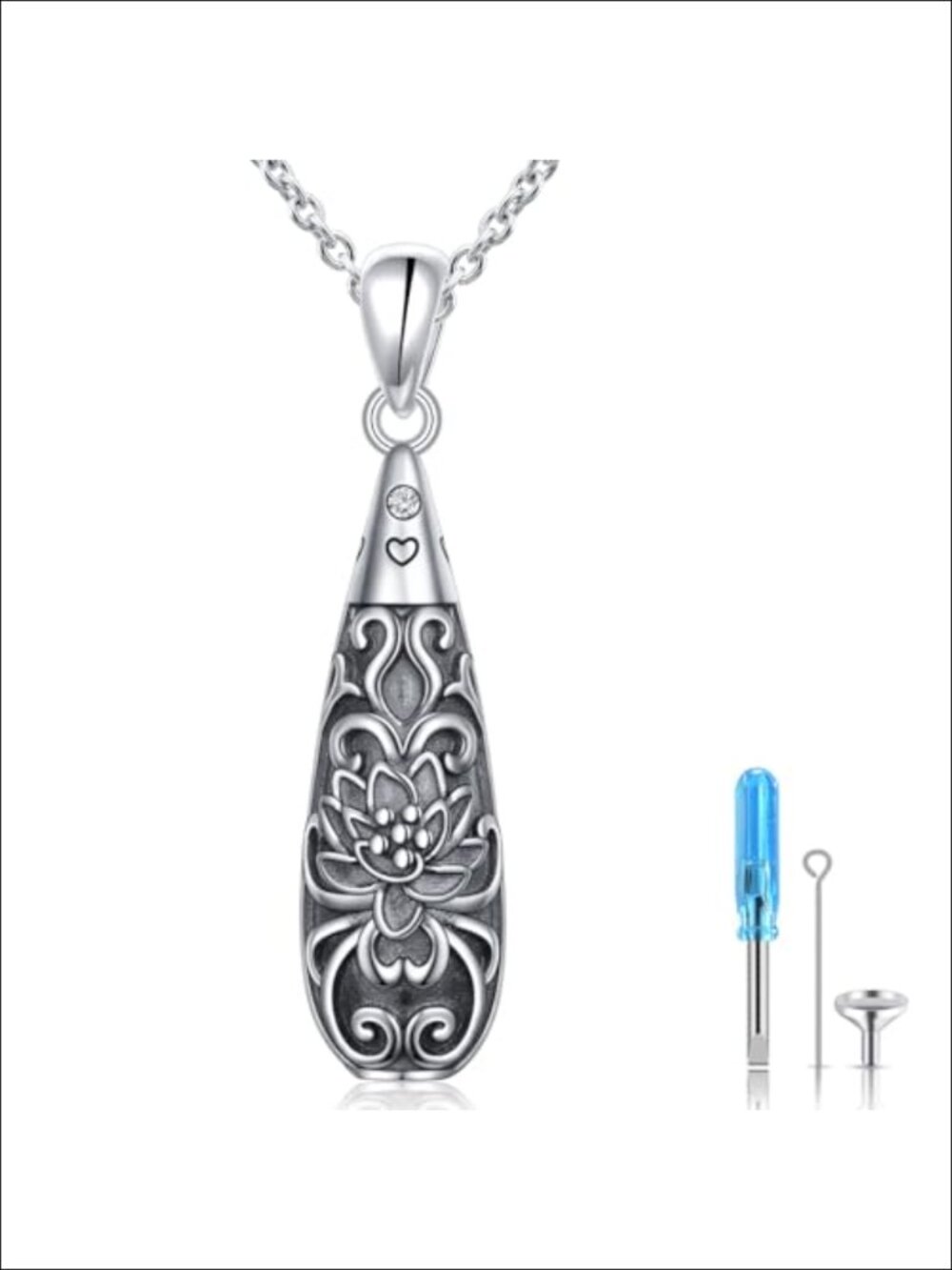925 Sterling Silver Urn Necklace Lotus Teardrop Memorial Ashes Pendant